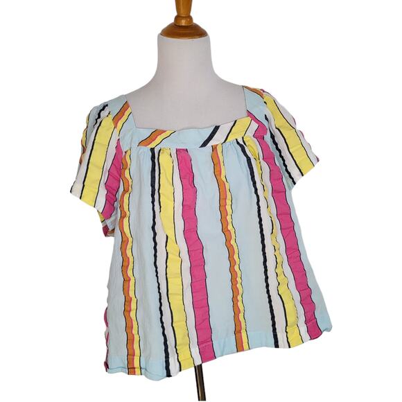 J. Crew Square Neck Seersucker Blouse Candy Striped Rainbow Women Plus 3X - Picture 2 of 11